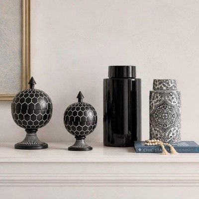 Pottery Barn Chinoiserie Canister Urn Black White Ceramic Decorative Jar