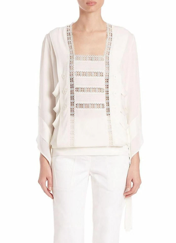 DEREK LAM 跑道象牙白花边刺绣丝绸衬衫上衣 44 美国 8 全新 — 第 3/4 张图片