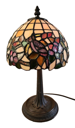 Tiffany Style Stained Glass Table Lamp Cardinal Bird Flowers Brass 14.5" READ - Picture 1 of 16