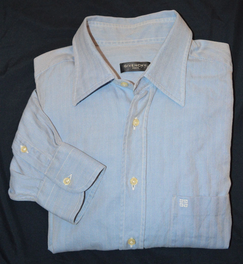 Givenchy Paris Men Light Blue Logo Shirt Herringbone Size 41 / 16 Mint