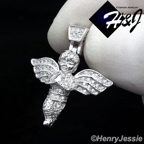 18"MEN 925 STERLING SILVER 2MM MOON CUT BEAD CHAIN ICY CZ ANGEL WING PENDANT*106 - Picture 4 of 7