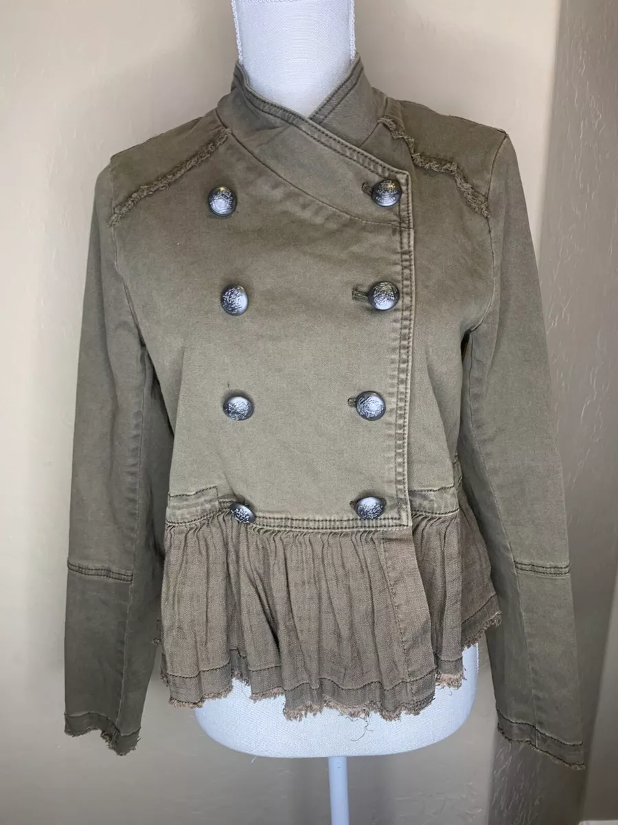 FREE PEOPLE Ruffle Hem Military Button Jacket Olive Green Women s