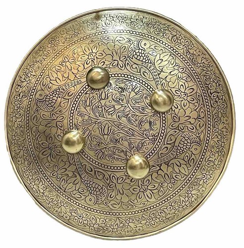 Mughal Art Carvings Steel Shield Golden Look back Holding Strips diameter 16”