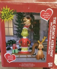 Gemmy 6ft Tall Grinch on Sled w/ Present and Max Christmas Inflatable