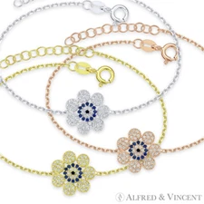 Evil Eye Flower Charm Greek Mati Turkish Nazar Hamsa CZ Sterling Silver Bracelet