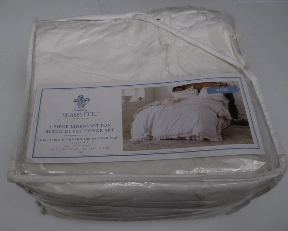 Simply Shabby Chic White/Tan Linen/Cotton Raw Edge Ruffled Duvet Set - King - Image 4 of 4