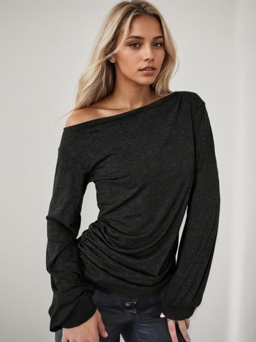 Women's Tops Oblique Shoulder Lantern Sleeve Long Sleeve T-Shirt - Imagen 2 de 14