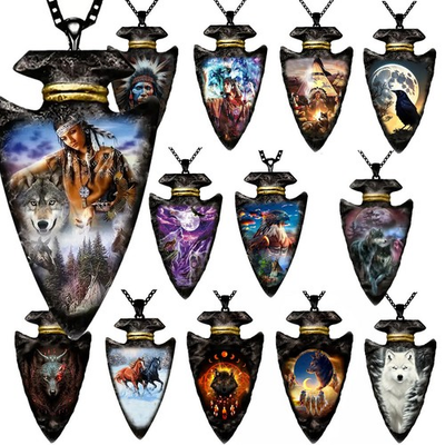 #ad Arrow Head Art Elk Wolf Eagle Native American Pendant Necklace Jewelry Medallion $15.68