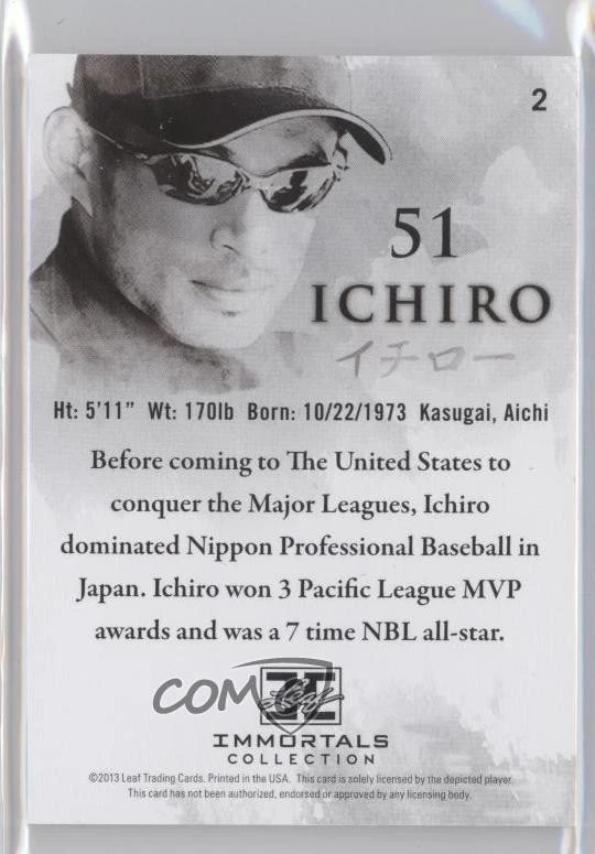 2013 Leaf Ichiro Immortals Collection /51 Ichiro Suzuki #2 HOF - Image 2 of 2