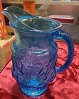 Vintage Anchor Hocking 1970’s Rain Flower Laser Blue Glass Pitcher 64 Oz Used