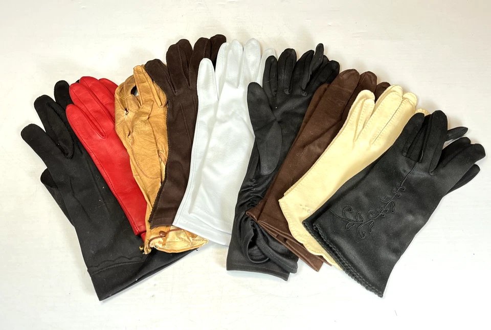 Lote de 9 pares de guantes vintage para mujer, cuero, gamuza, algodón”  Foto 2 de 4