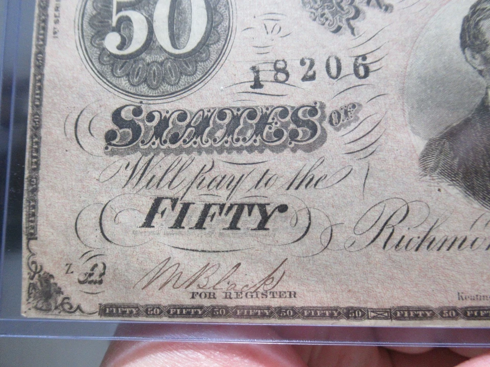 1864 CSA $50 Confederate Note T-66 Feb 17 Richmond Blue Back Clark & Elmore UNC. - Image 3 of 4