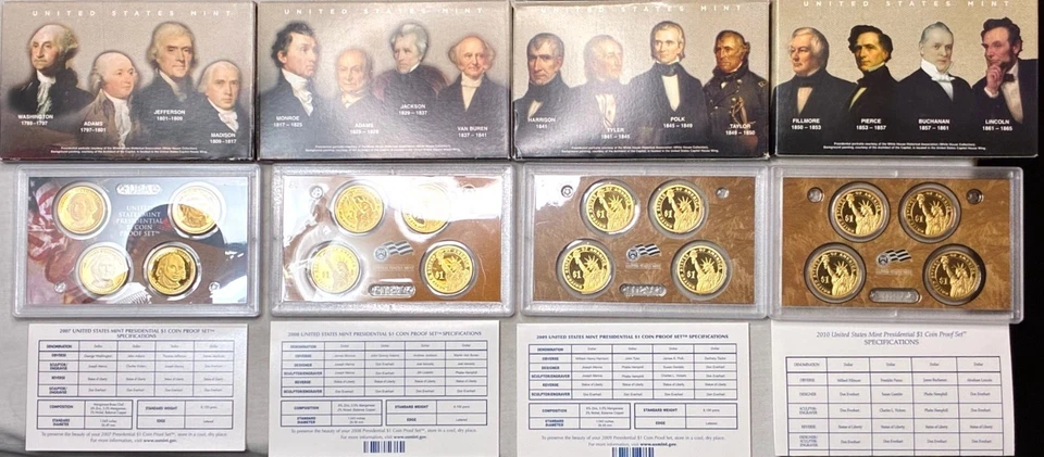 2007 2008 2009 2010 US Mint Presidential $1 Dollar Coin Proof Sets Orig Box COA - Image 2 of 3