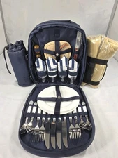 Picnic At Ascot Blue Wine Backpack With Blanket Cooler Service For 4 New