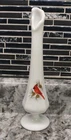 Vintage FENTON Hand Painted CARDINAL Milk Glass Bud Vase