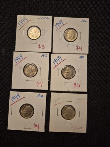 6 Vintage Silver 1949 Roosevelt Dimes. Some Nicely Toned! AU/UNC!!