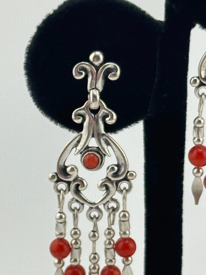 Quoc QT Signed Coral Sterling Silver Chandelier Dangle Earrings - Image 2 of 4