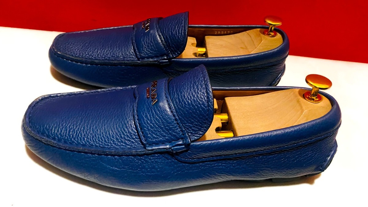 $849.00 !! PRADA MEN LUXURY BLUE LEATHER COMFORT LOAFERS SHOES