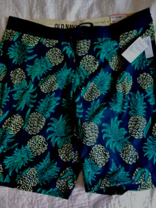 NWT 40" waist  Pineapple Summer swim trunk L navy blue tropical beach short