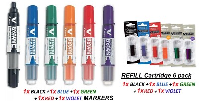 Pilot V BOARD WHITEBOARD MARKER- BLACK+BLUE+GREEN+RED+ORANGE+VIOLET + 6x REFILLS