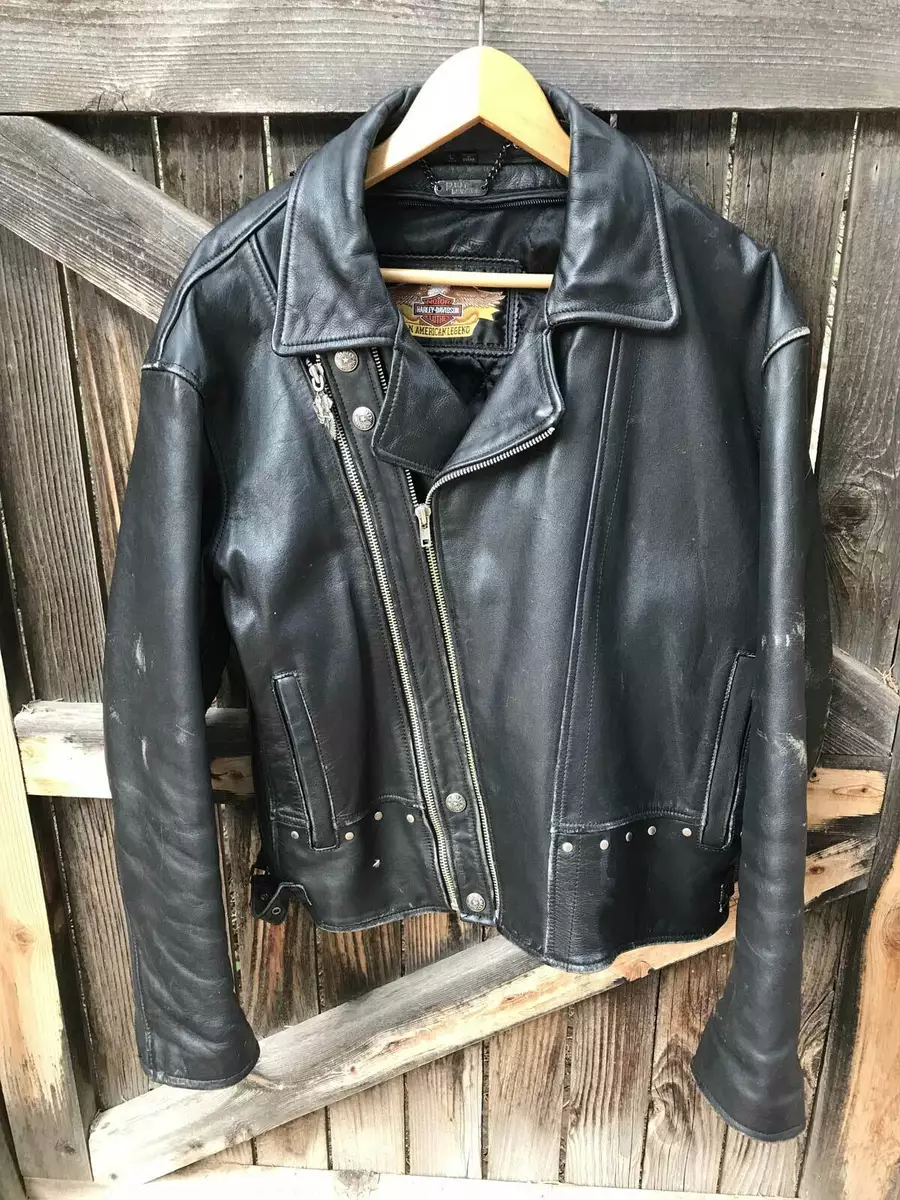 Vtg Harley Davidson Black Leather Biker Jacket Heavy Duty Double