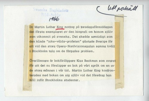FOTO ORIGINAL DE DERECHOS CIVILES SUECIA 1966 PREMIO JR NOBEL MARTIN LUTHER KING JR - Imagen 2 de 2