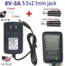 8V 3A AC Adapter DC Power Supply Charger Cord 5.5x2.1mm with 2 DC Plug Tips