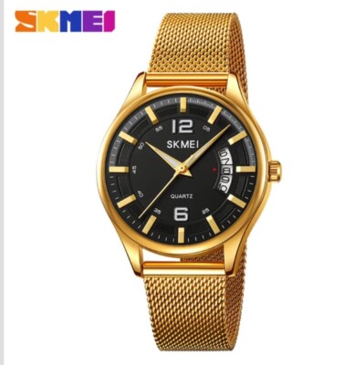 Herren Analog Gold Mesh Verstellbar Stahlband Zeit Datum Wasserdicht Uhr