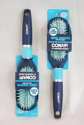 Lot of 2 Conair Quick Smooth Dry-Style De-Poof Cushion Hair Brush Blue New!