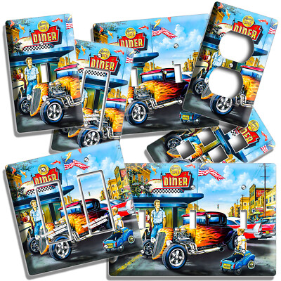 RETRO DINER HOT ROD FLAMES CAR LIGHT SWITCH OUTLET WALL PLATES GARAGE CAFE DECOR