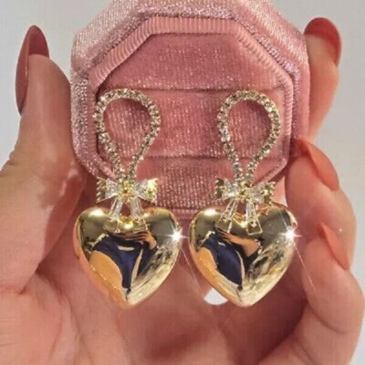 2Ct Lab Created Diamond Heart & Bow Earring Gift for Her 14K Yellow Gold Finish