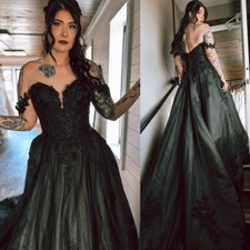 Gothic Black Off Shoulder Wedding Dresses Glitter Court Train A-line Bridal Gown