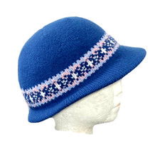 VINTAGE BLUE KNIT BUCKET HAT WITH PINK & WHITE NORDIC DESIGN, MADE IN USA, M