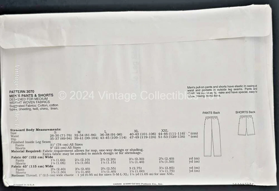 Kwik Sew Pattern 3070 Men's Pants Shorts Size S M L XL XXL Uncut FF - Image 3 of 4