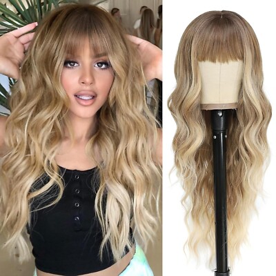 Black Wig with Bangs for Women Long Wavy Hair Wig Black Wig Curly Wavy Synthe...