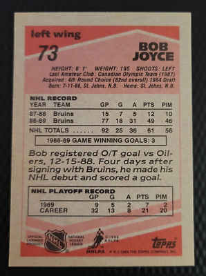 1989-90 Topps BOB JOYCE Boston Bruins Hockey NHL Career Stats #73