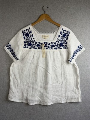 Luna Moon Top Large White Embroidered Boho Peasant Artisan Cottagecore NWT