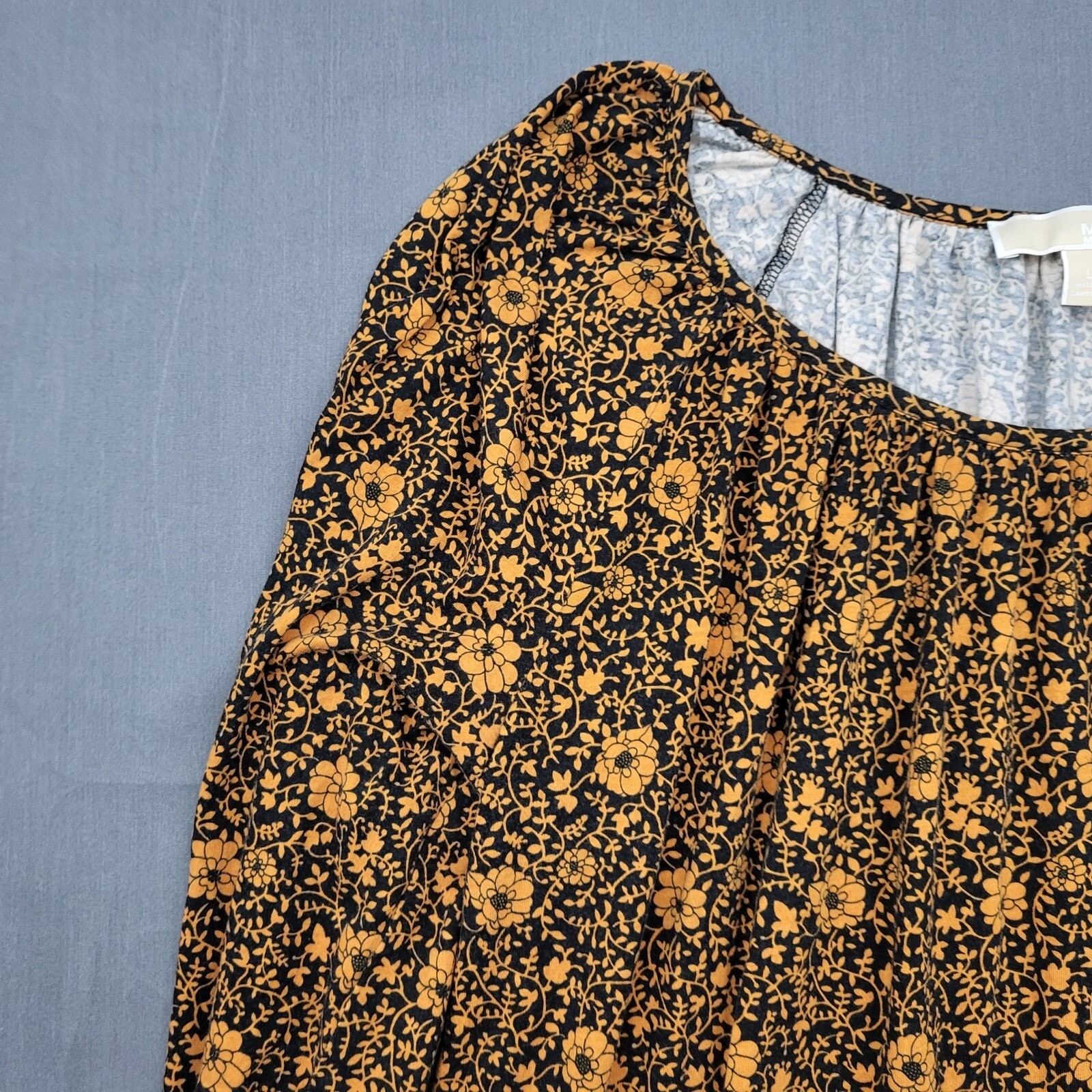 Michael Kors Blouse Womens Large L 3/4 Balloon Sleeve Floral Knit Yellow Black thumbnail 2