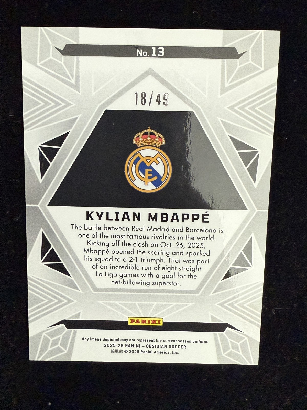Kylian Mbappe 2023-24 Panini Obsidian Soccer Base Red Pulsar /49 Real Madrid view 2