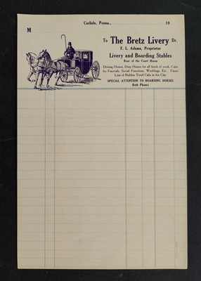 1900 antique THE BRETZ LIVERY carlisle pa BILLHEAD boarding horses