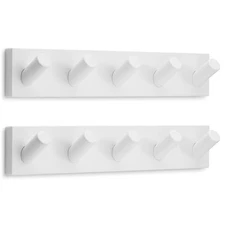  Wall Mounted Coat Rack with 5 Heavy-Duty 1" Diameter 5 Hooks XL (2-Pack) White