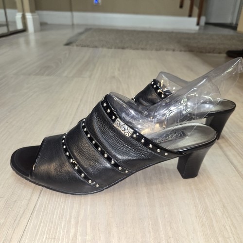 Brighton Teri Pewter Napa & Patent Leather Open Toe Mule Sandal Heels Size 9.5M - Picture 1 of 9