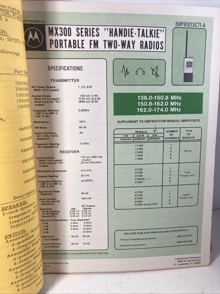 Motorola MX300 Series Maintenance Manual 68P81013C70-A & Supplement 1977 - Image 4 of 4