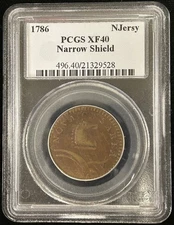 1786 New Jersey Copper - Narrow Shield Curved Plowbeam - PCGS XF-40