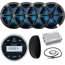4 LED 6.5" Marine Speakers, Enrock Bluetooth AM FM Radio w/ Cover, Antenna, Amp