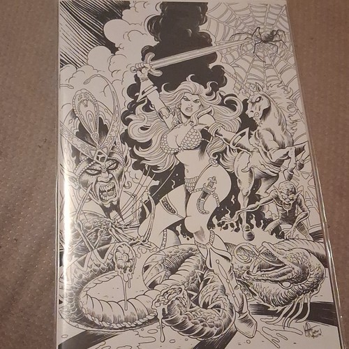 Red Sonja Issue 2 Comic Line Art Drawing, Black & White Fantasy Scene, Comics
