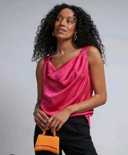 New York And Company Large Pink Sleeveless Cowl Neck Satin Effect holiday blouse