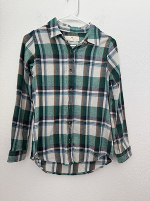 Thread Supply Women's Green Plaid Long Sleeve Flannel Button Down Shirt XS