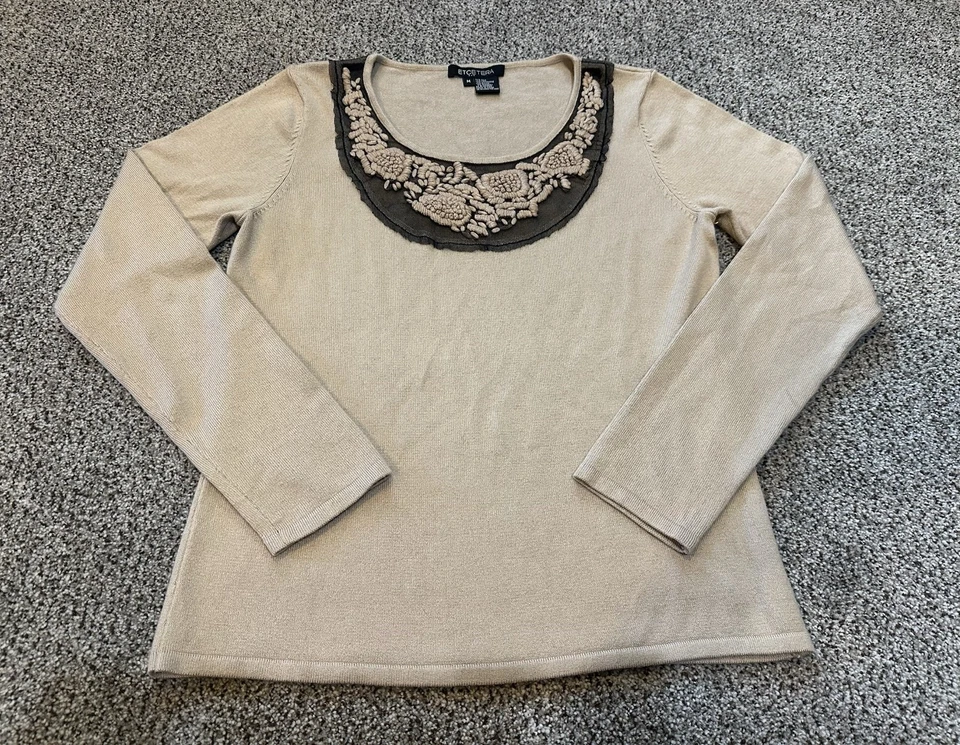 Suéter Etcetera M Seda Cachemira Tostado Negro Transparente Detalle Bordado R $275 Foto 2 de 4