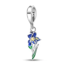 Blue Flower Dangle Charm Fit Bracelet Necklace, 925 Sterling Silver